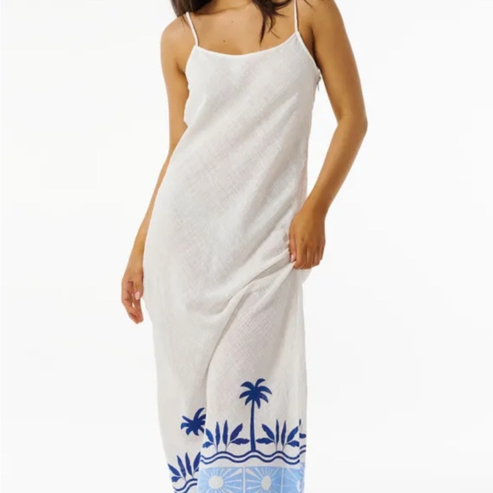 Rip Curl White and Blue Maxi Dress with Palm Tree Design